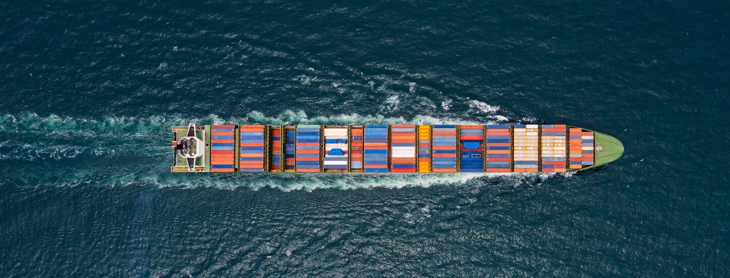 Container ship in open sea